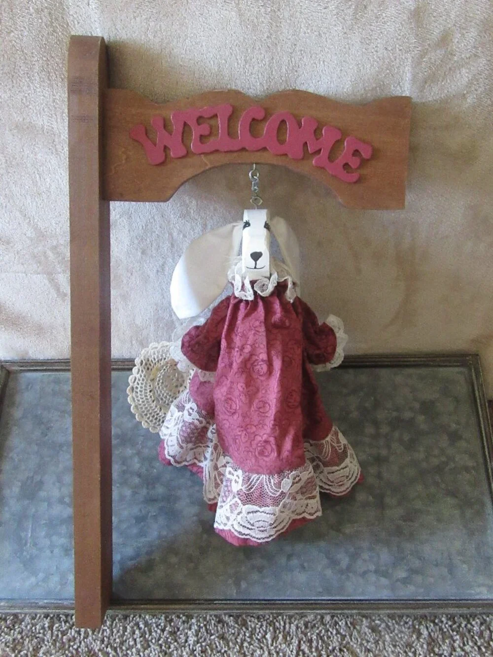 Vtg Folk Art Wood & Calico fabric Bunny Welcome Hanging Sign 80s cottagecore